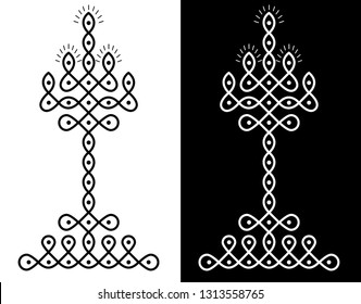 Lamps, Circles, Squares and 7X13 Dots - Indian Traditional and Cultural Rangoli, Alpona, Kolam or Paisley Vector Line art with Dark and White background