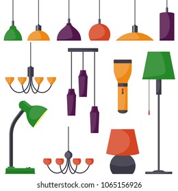 Lamps of different types, set. Chandeliers, lamps, bulbs, table lamp, flashlight, floor lamp - elements of modern interior. Vector illustration in flat style