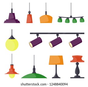 Lamps of different types, set. Chandeliers, lamps, bulbs, table lamp, spotlight - elements of modern interior. Vector illustration in flat style