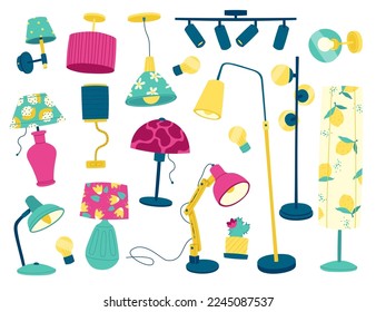 Lámparas con iconos planos. Dispositivo para dar luz. Bombilla eléctrica a la sombra de cristal. Luz de mesa de oficina y lámpara de suelo. Linterna interior retro decorativa. Ilustraciones aisladas de color