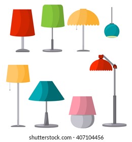 Lamps furniture set light design electric vector illustration. Electricity floor lamps and table lamps. Lamps decoration modern, classic bright lamps. Lamps energy interior equipment lantern sign.