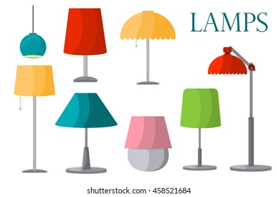 Lamps furniture set light design electric vector illustration. Electricity floor lamps and table lamps. Lamps decoration modern, classic bright lamps. Lamps energy interior equipment lantern sign.