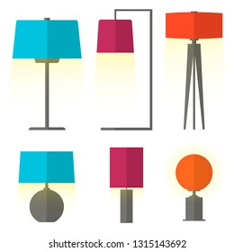 Lamps furniture set vector illustration. Electricity floor lamps and table lamps. Decoration modern, classic bright lamps. Interior equipment lantern sign.