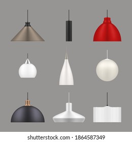 Lamps hanging different design realistic set. Pendant luminaires modern style. Chandeliers, electroliers minimalist. Lighting fixture, furniture. Vector interior lamps collection isolated on grey.