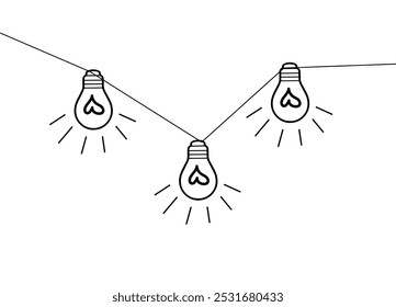 Lamps with a heart on a rope three black outline,
