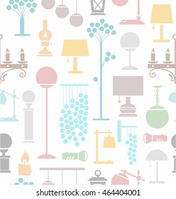 Lamps for home and garden, background, seamless, white. Vector background with different lamps. Colored, flat pictures on a white background. 