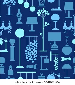 Lamps for home and garden, background, seamless, blue. Vector background with different lamps. Light blue flat image on a dark blue background. 