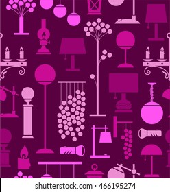 Lamps for home and garden, background, seamless, purple. Vector background with different lamps. Pink and purple flat image on a dark purple background. 