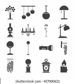 Lamps for home and garden, icons, monochrome. Vector icons with images of lighting fixtures. Dark-grey figures on a white background.  
