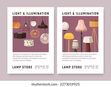 Lamps, home light and illumination store, ad background, vertical flyers templates. Chandeliers, interior lampshades, room lanterns sale, shop promotion cards designs. Flat vector illustration.