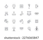 Lamps icons outline set. Electric chandelier for ceiling and socket. Home decoration, illumination. Collection of light sources. Cartoon flat vector illustrations isolated on white background