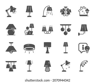 Lamps icons. Spotlight led, Table Lamp and Floor Light. Modern chandelier, Electric light illuminate and Wall lamp icons. Lightbulb info, stand lamp and street light. Wall sconce. Vector