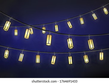 Lamps inside the lampshade garland. Three electric wires with beach lightbulbs  isolated on the dark blue background. Can be useful for christmas, birthday, ramadan, celebration event's images.