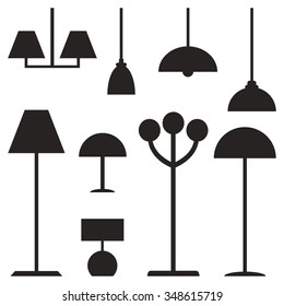 Lamps isolated black silhouette icons on white background. Lamps for living room, bedroom and kitchen. Flat style vector illustration. 