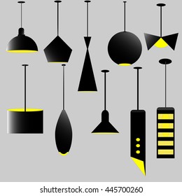 Lamps isolated black silhouette icons on white background. Lamps set. Lamps collection. Modern and classic lamps. Lamps for living room, bedroom and kitchen. Flat line style vector illustration.