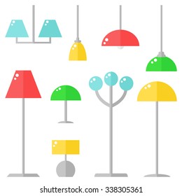 Lamps isolated icons on white background. Colored lamps for living room, bedroom and kitchen. Flat style vector illustration. 