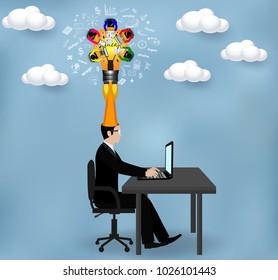 lamps launch to the sky. Businessmen help to brainstorm modern ideas concept. Financial business ideas are competing for success and corporate goal. Modern ideas and vector illustration. Infographic