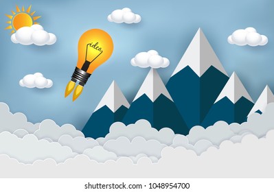 lamps launch to the sky. Cloud Mountain. start up business concept ,Financial ideas are competing for success and corporate goals.  vector illustration paper art