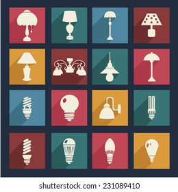 lamps and light bulb set icons  - Illustration  Home interior electricity equipment flat 