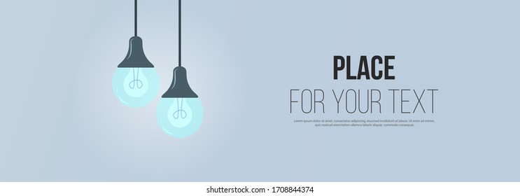 Lamps light lights. Place for your text.  Modern interior. Furniture chandelier, floor and table lamp in flat cartoon style. Business advertising banner with place for your text. Vector illustration.