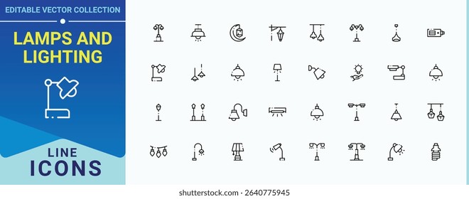 Lamps and Lighting icon set. Includes symbols for energy, electricity, idea, illumination and more. Light And Lamp related icon set. Minimal icons pack. Pixel perfect. Vector illustration.