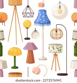 Lamps and lights, seamless pattern. Home illumination equipments, endless background, texture design. Lampshades, chandeliers, nightlights, repeating print. Colored flat cartoon vector illustration