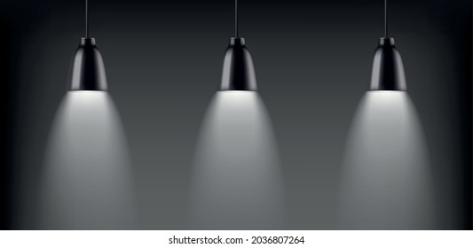 Lamps monochrome composition with three identical metallic lampshades hanging cord and shining down realistic vector illustration