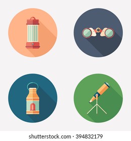 Lamps and observation devices flat round icon set.