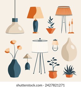 Lamps and Pot Flowers Vector Isolated Flat Illustration. Perfect for different cards, textile, web sites, apps 