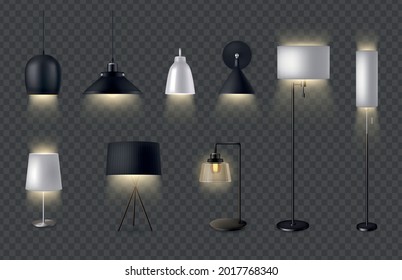 Lamps realistic set of table lamp pendant chandelier sconce and torchiere on transparent background isolated vector illustration