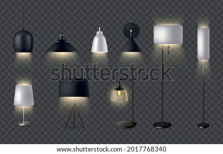 Lamps realistic set of table lamp pendant chandelier sconce and torchiere on transparent background isolated vector illustration