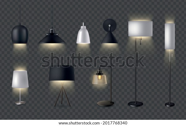 Lamps realistic set of table lamp pendant\
chandelier sconce and torchiere on transparent background isolated\
vector illustration