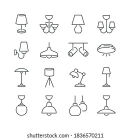 Lamps related icons: thin vector icon set, black and white kit