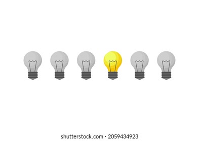 Lamps in a row, one is on, the rest are off. Concept: stand out from the crowd, unique solution, idea. Vector illustration, flat cartoon color minimal design isolated on white background, eps 10.