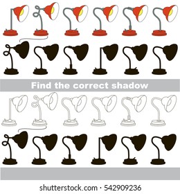 Lamps set to find the correct shadow, the matching educational game to compare and connect objects and their true shadows, kid logic game with simple game level for preschool kids education.