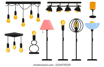 Lamps set graphic elements in flat design. Lamps. Bundle of different types of table and floor lamps, chandeliers. Vector illustration