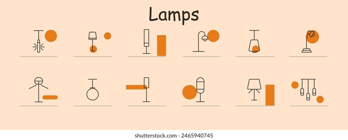 Lamps set icon. Ceiling lamp, table, floor lamp, desk lamp, wall lamp, pendant, chandelier. Lighting, home decor, interior design.