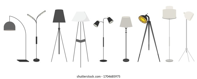 Lampen eingestellt. Vektorillustration Uhren Symbole. Illustration zum Erstellen eines Interieurs für Spiele und Szenen. Mockups für Design aus verschiedenen Blickwinkeln. Einzeln auf weißem Hintergrund. Vektorillustration.