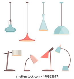 Lamps sign set for interior. Electricity floor lamp and table lamps concept. Home decoration lamp object in flat style. Vector spotlight lamp accessory, lamp icon. Table lamps, bulb decoration lamp