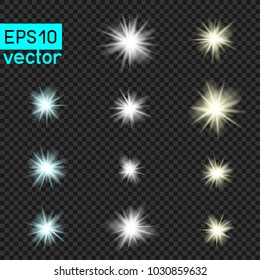 Lamps or star vector light set template on dark transparent background. Shiny flash lamp concept collection