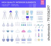 Lamps vector illustration on isolated white background. High quality interior elements. Includes such icons as bulb, light, chandelier, lava lamp. Vector Outlined. Editable strokes. Trend colour