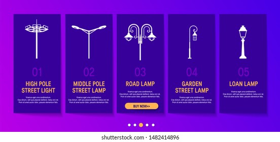 Lamps web slider. Design template for online store of light poles. Types of lanterns on violet background with place for text, vector illustration