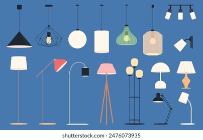 Lampshade, floor lamp, table lamp. A set of lighting devices. Vector illustration