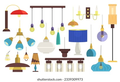 Lampshades and lamps set. Cartoon indoor light. For home interior design