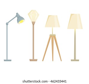 Lampshades on the floor set isolated on white background. Interior light design vector illustration. Shade lamps interior decoration modern and classic style. Turn on 