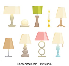 Lampshades on the table set isolated on white background. Interior light design vector illustration. Shade lamps decoration modern and classic style. Turn on 