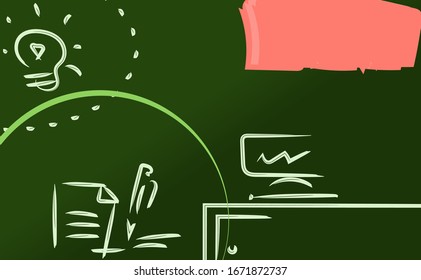 Lamp-shaped stripes on a dark background,
Green line shaped paper and pen Office desk and computer,
Orange space on a dark background.