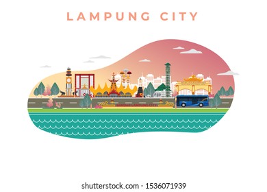 Lampung (Indonesia) cityscape on a white background. Flat vector illustration.