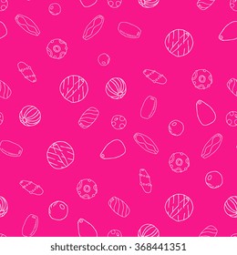 Lampwork theme seamless pattern - different beads and torch, hand drawn. Bright pink background and white line art.