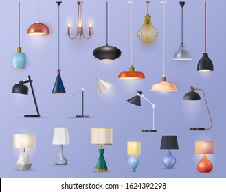 Lams and chandeliers, vector realistic sets, house illumination and electric furniture decor. Modern and classic lamps, night and table lanterns, kitchen and room glass lamps, interior design elements